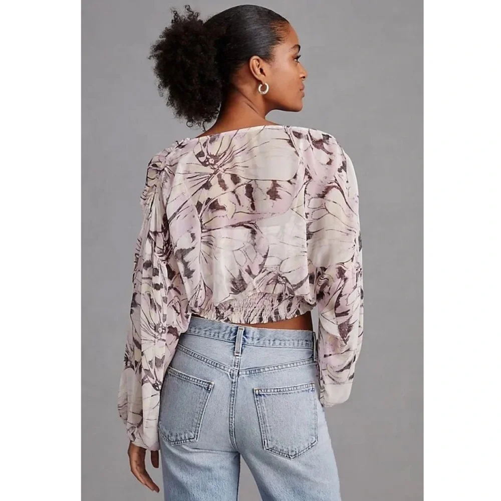 NWT By Anthropologie Floral Blouse S Purple Fairy‎ Pastel Sheer Peasant Whimsy